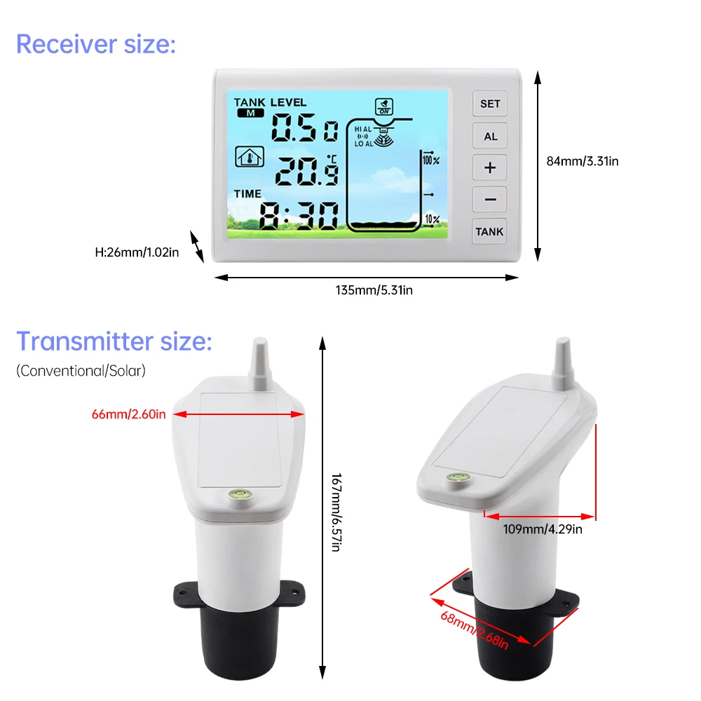 Imagem -06 - Medidor de Nível Líquido sem Fio Ultra-sônico do Tanque de Água Sensor de Temperatura Monitor do Tempo Display Alarme Indicador de Bateria Baixa