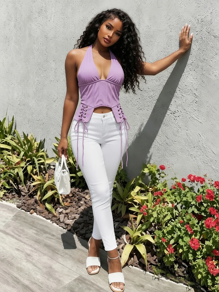 Sisterlinda Trend Damen Cross-Bandage Tanktop mit Dekoration, Neckholder, tiefem Ausschnitt, rückenfrei, unregelmäßige Form, sexy Sommer-Mode-Westen – Detail 19