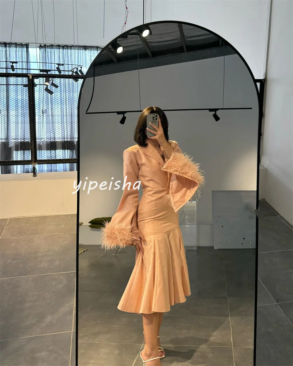 Customized Formal Fashion Jersey Feather Pleat Draped A-line V-neck Midi Dresses Evening Dresses High Quality Sizes Available Ma