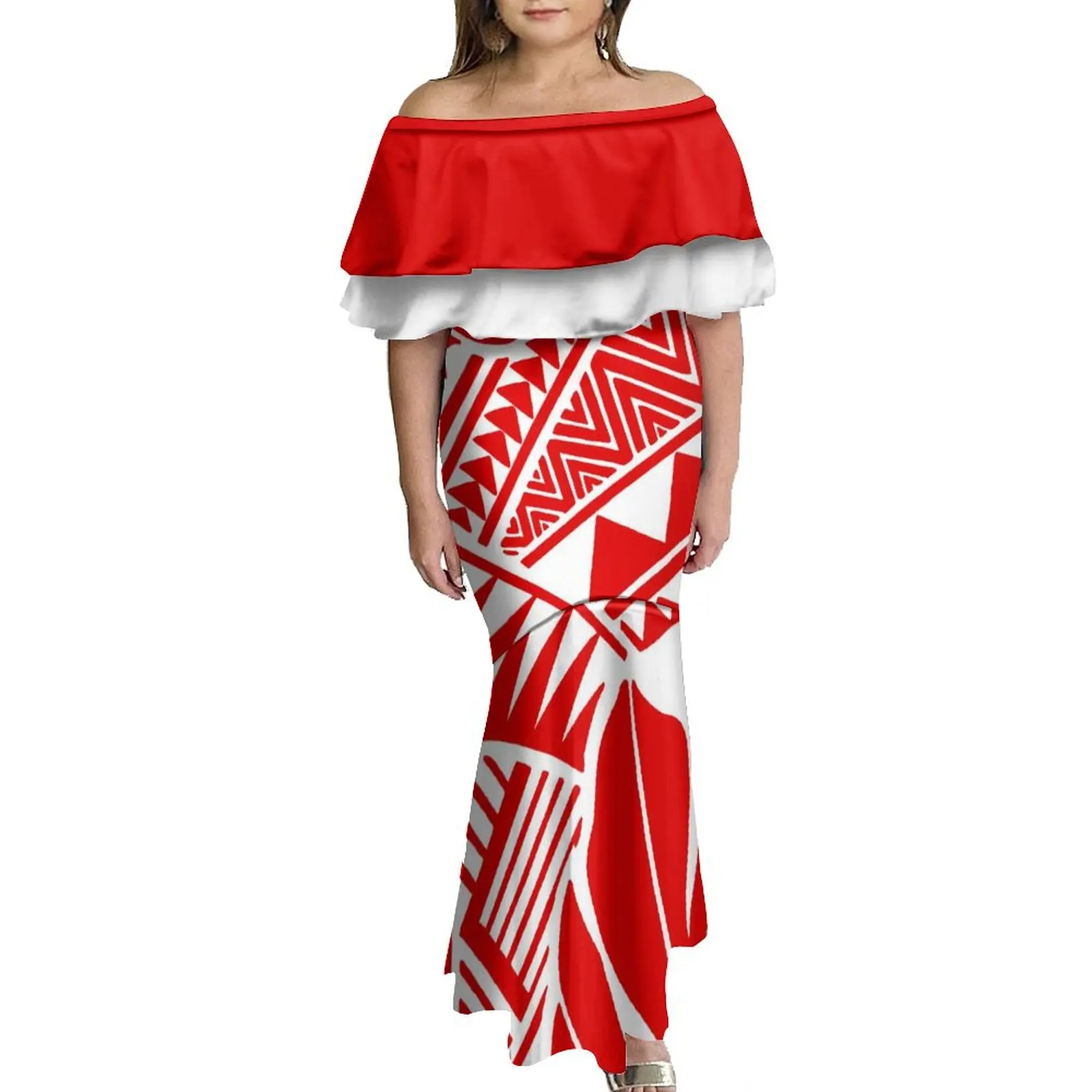 2024 Sustainable Big Shots Ladies' Off-The-Shoulder Dress Maxi Dress And Men'S Aloha Shirt Polynesian Couple Suit Party