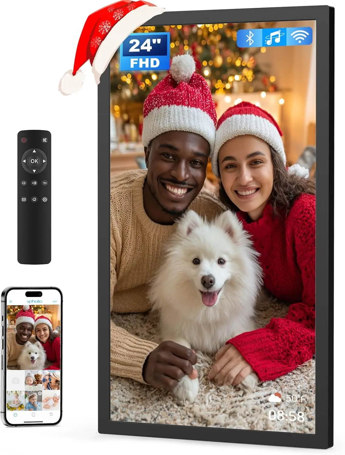 إطار صور رقمي FHD مقاس 24 بوصة، 1920 × 1080 IPS، WiFi، مساحة تخزين 32 جيجابايت، جهاز تحكم عن بعد، تدوير تلقائي، مشاركة عبر التطبيق/البريد الإلكتروني، USB/microSD، أسود