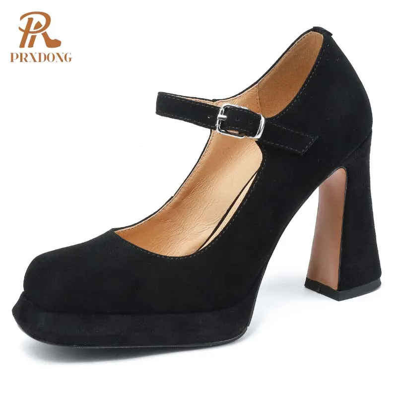 PRXDONG Top 2025 New Brand Genuine Leather Women Pumps High Heels Platform Black Brown Retor Mary Janes Dress Party Lady Shoes