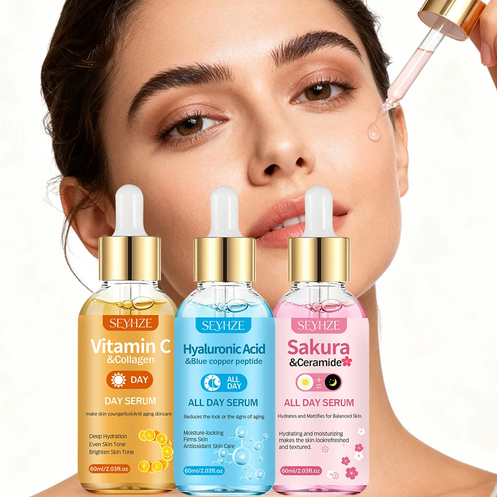 SEYHZE Set de Esencia de Triple Efecto con Colágeno, Vitamina C + Ácido Hialurónico + Ceramida de Flor de Cerezo, Cuidado Diurno y Nocturno, 3 Piezas Incluidas