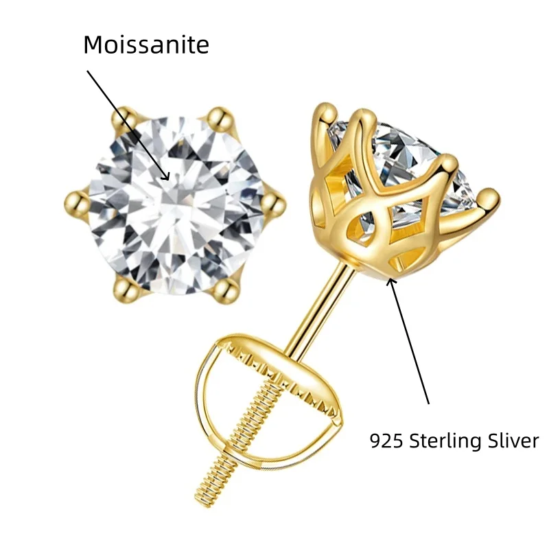 

BagueRingen Роскошные серьги-гвинты с муассанитом 0,5-2 карата D цвета для женщин, вечерние ювелирные изделия, 6-зубчатые серьги из стерлингового серебра S925