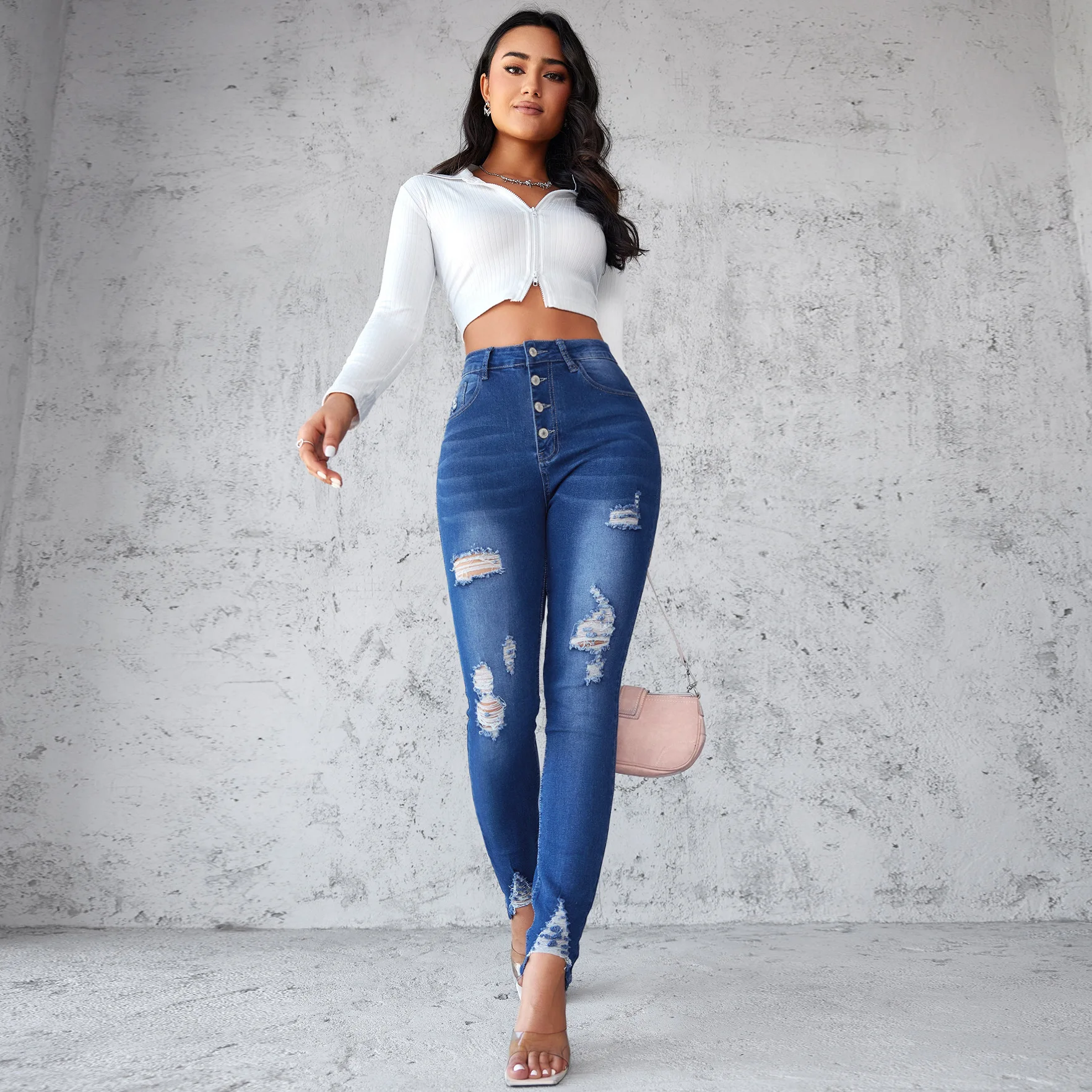 Celana jeans ketat wanita, celana jins ketat pinggang tinggi untuk musim semi 2024, slim fit blue breasted, celana kaki kecil, celana pensil