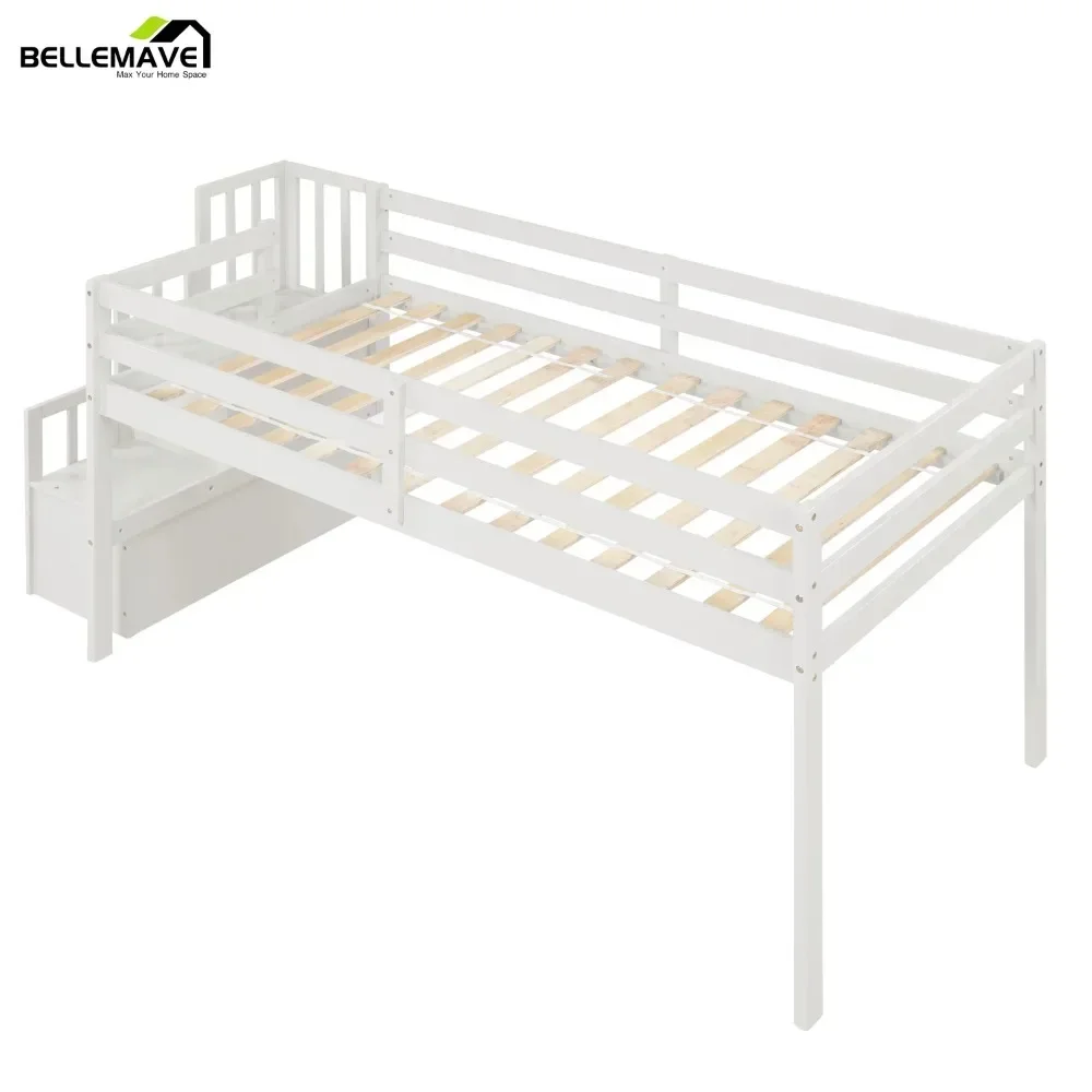 

Twin Loft Bed with Stairs and Storage, Modern Wood Low Loft Bed for Kids, Toddlers & Teens (White)