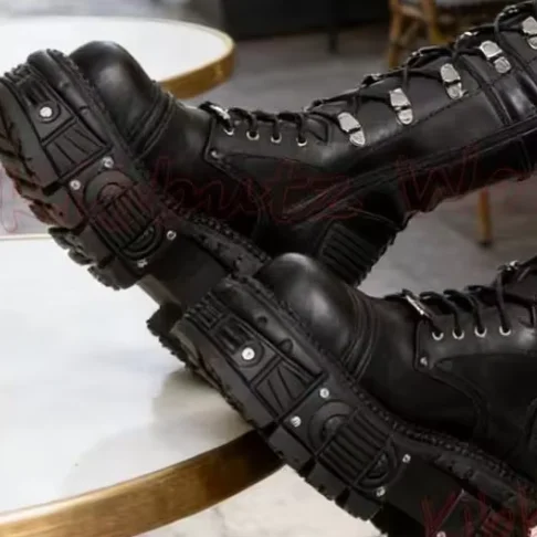 Rock Punk Motorcycle Boots Knee High Women Lace-Up Shoes Dark Style Thick Bottom Leather Solid Color Fashion Concise Novelty New