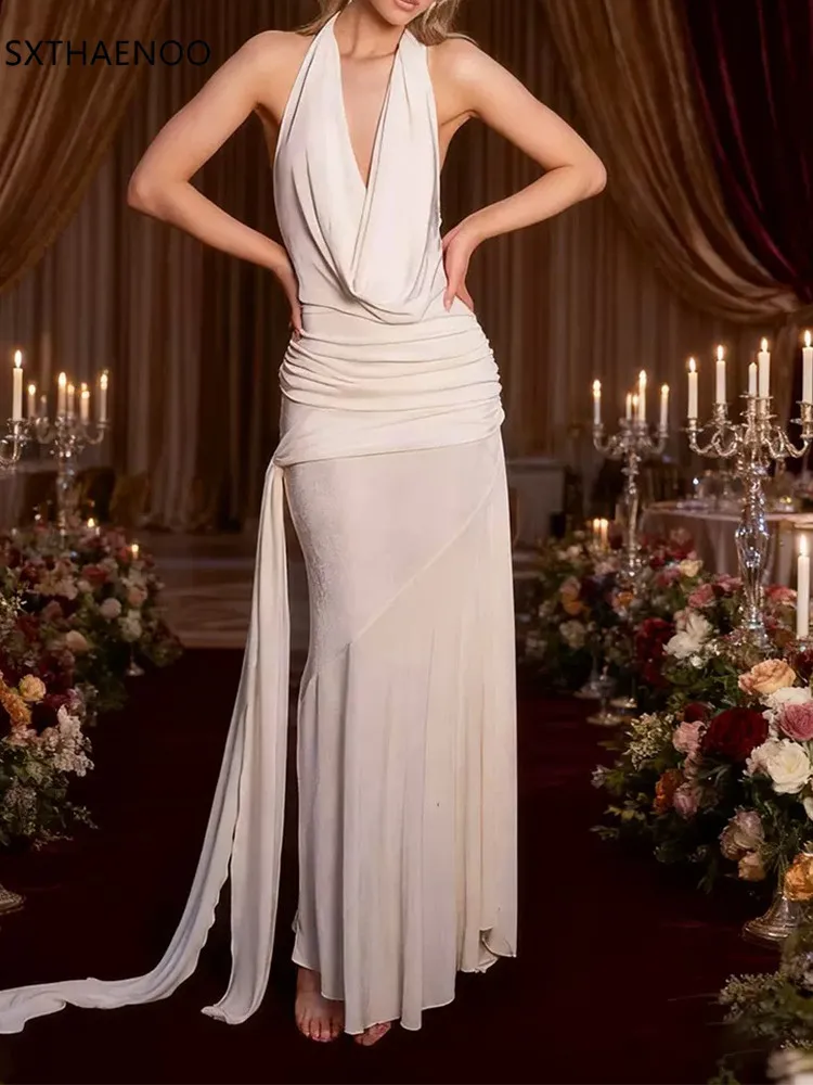 SXTHAENOO Spliced Backless Bodycon Dresses Women Halter Neck Sleeveless Patchwork Sheer Sexy Folds Evening Midi Dress Female