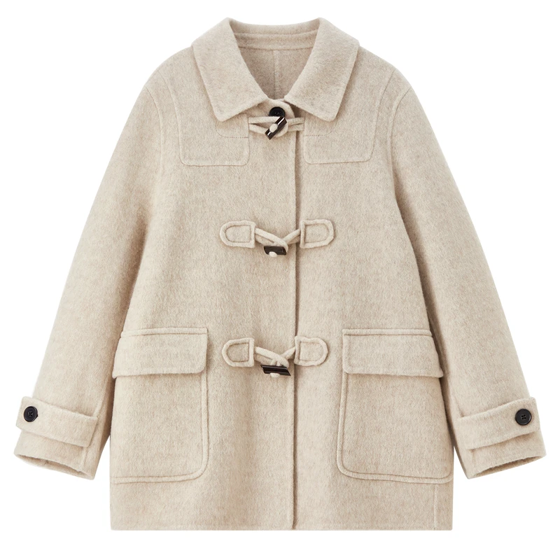 SENTUBILA Women's Double Faced Woolen Coat 2025 Winter College Style Jacket Horn Button Commuter Warm Thick Overcoat W54OC2675