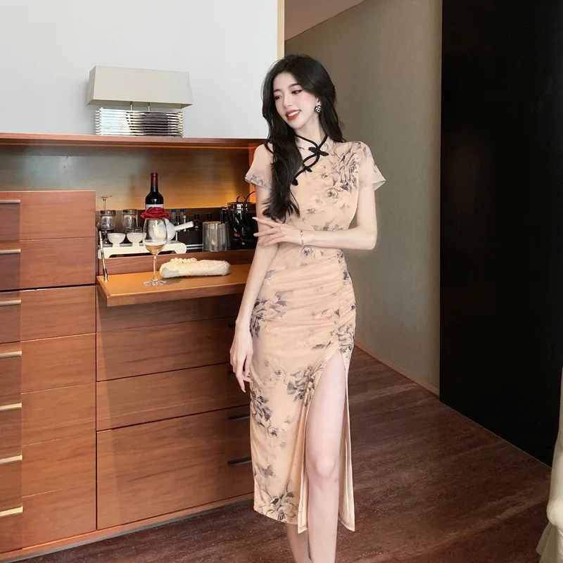 Sexy figurbetontes Qipao für junge Mädchen, Dr. Gold-Stickerei, Netz, hohe Taille, lang, S Sve, Frühling, Sommer, Herbst, Winter, alle Altersgruppen