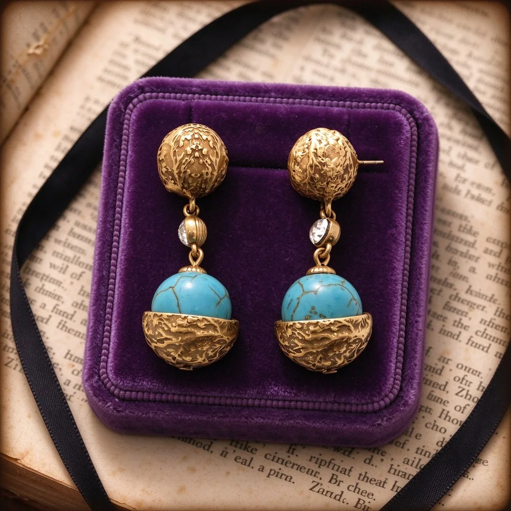 Vintage fashion Turquoise bead gold hammer patterned earrings for women's Party Jewelry Wholesale