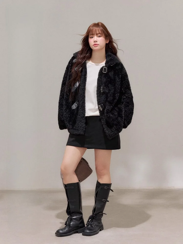 

Черная куртка с отделкой из меха ягненка для женщин больших размеров, 5 предметов, в корейском стиле, для повседневной носки, с высокой талией, зимняя верхняя одежда