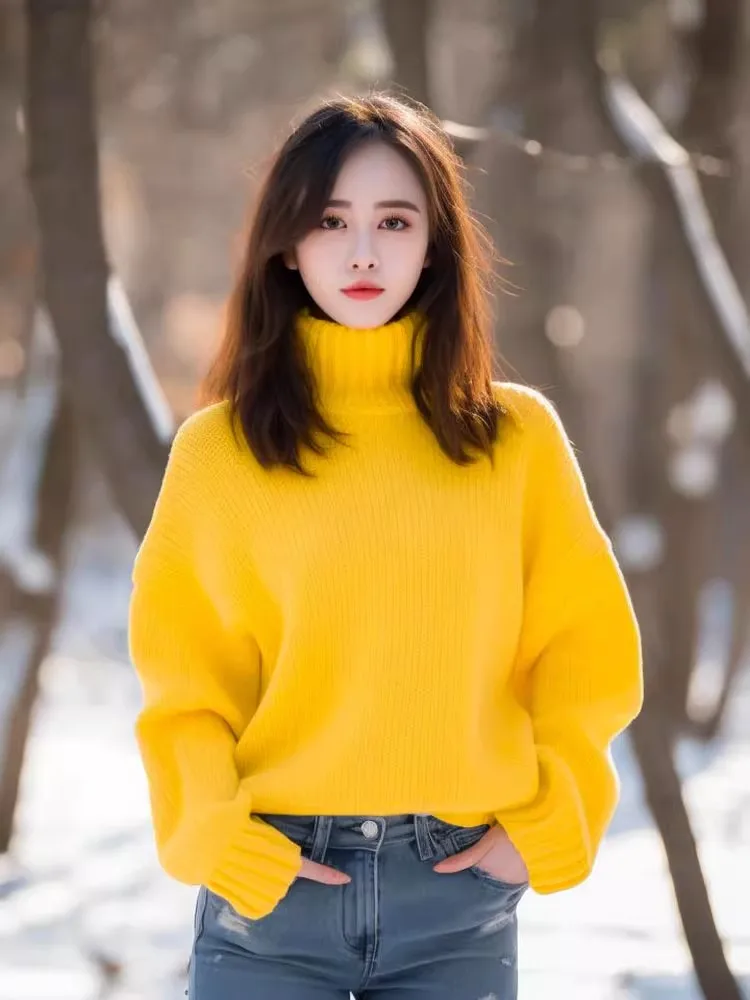 Small sweet long-sleeved sweater women\'s autumn and winter new yellow turtleneck casual fashion cashmere sweater