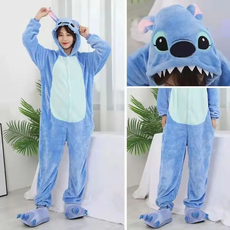 Disney Lilo & Stitch Blue Stitch Cartoon Hooded Jumpsuit Pajamas Family Parent-Child Clothes Home Clothes Couple Pajamas Gifts