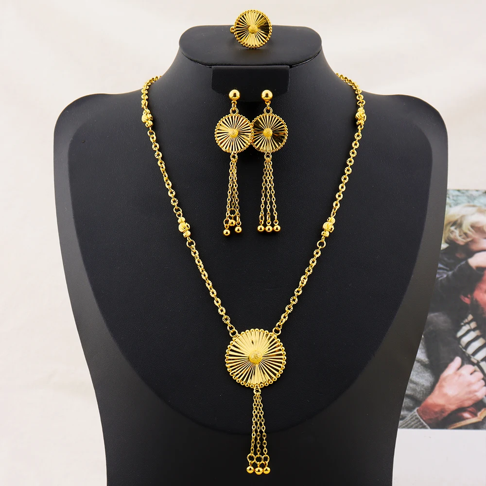 

Fashion Gold Color Rotundity Earrings Set 24k Gold Plated Arabic Tassel Necklace Ring Women Wedding Party Ramadan Jewelry Set