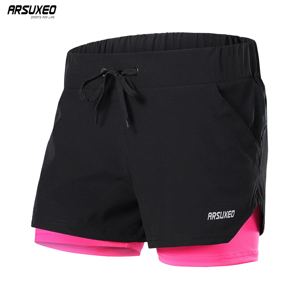 ARSUXEO Running Shorts 2 in 1 Elastic Waist Yoga Gym Jogging Fitness Sports Reflective Breathable Shorts B1103