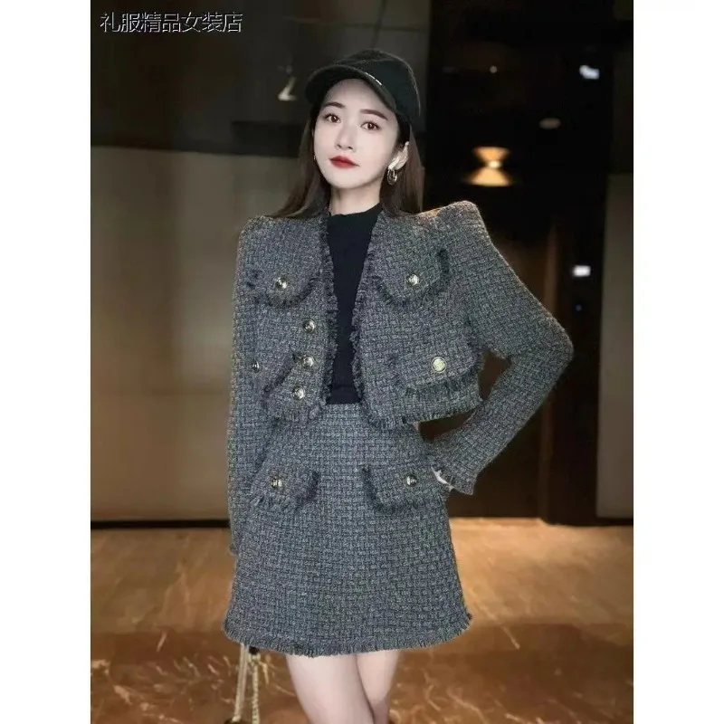 

Insozkdg 2024 Autumn Winter New Elegant Aristocrat Minimalist Sets Women Stylish Slimming Jacket + Short Skirt 2 Piece Set Women