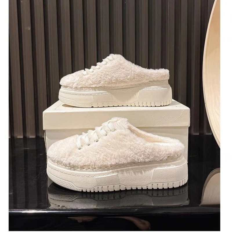 Female Half Slippers Fashion Brand Winter Sneakers Women Warm Fur Plush Shoes Flat Platform White Canvas Shoes Women\'s Oxfords