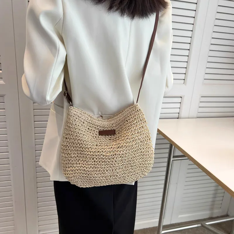 Women's Paper Rope Straw Woven Crossbody Bag, Summer Beach Vacation Shoulder Handbag