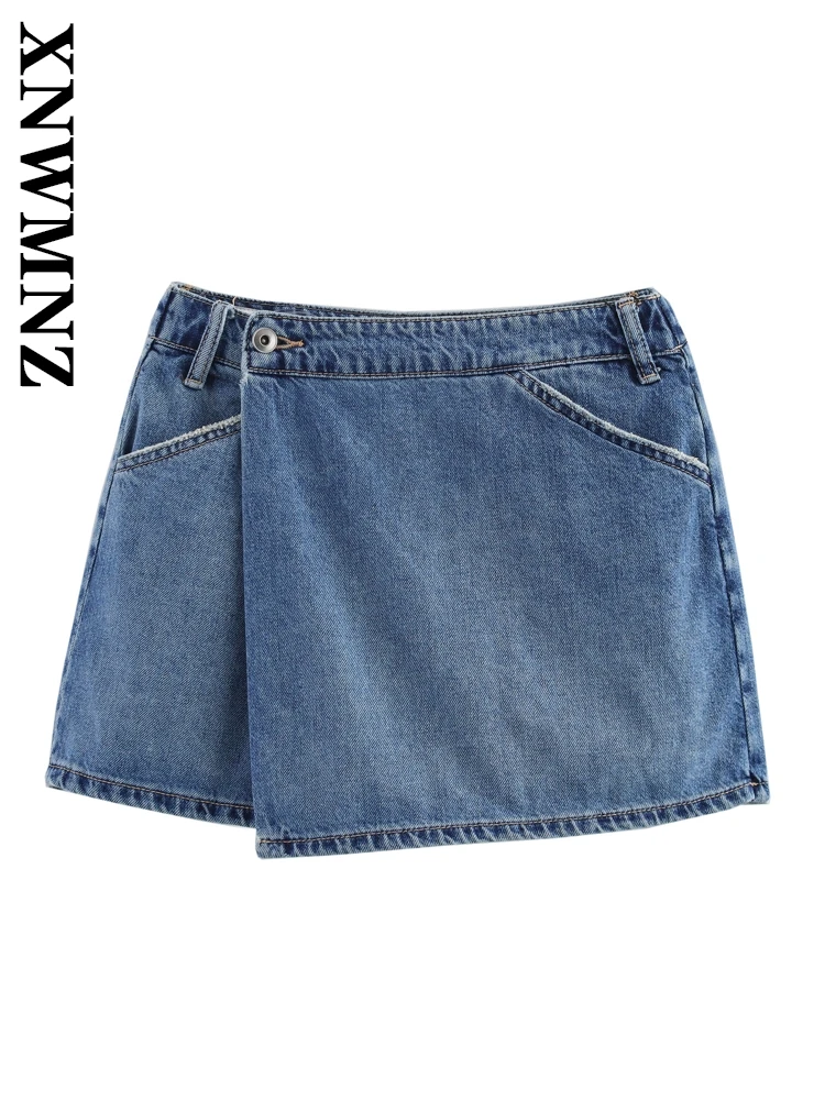 

XNWMNZ 2025 Summer New Woman's Fashion Denim Bottoms Mini Skirt Chic Female High Waist Ruffles Regular Fit Pockets Skirt Pants