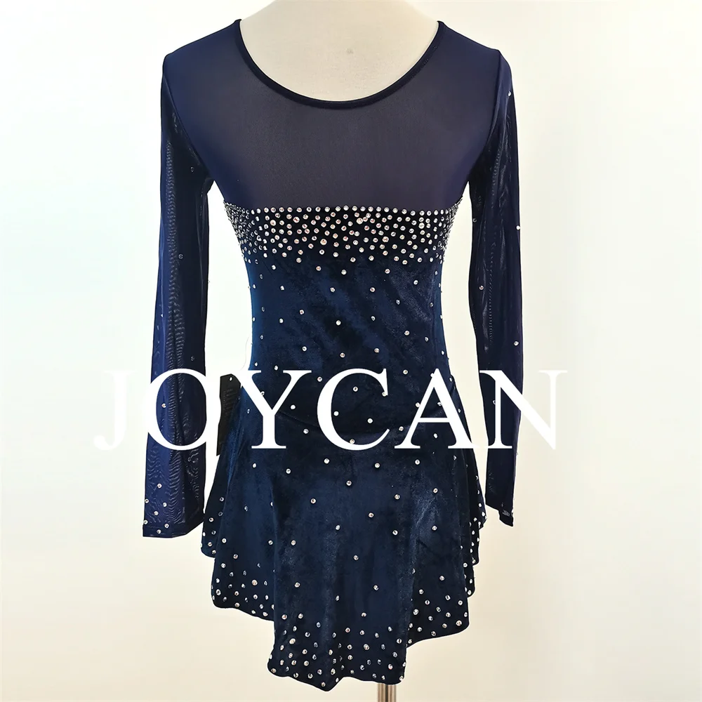 JoyCan Ice Figure Skating Dress Girls Blue Velvet Stretchy Competition Dance Wear Customized