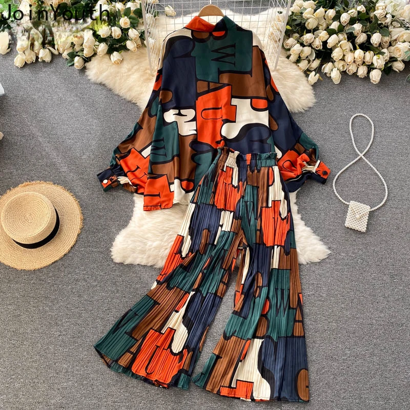 Summer Pant Suit Women Two Piece Sets Batwing Sleeve Oversized Shirt Tops + Loose Pleated Wide-leg Pants Outfits Roupas Femme