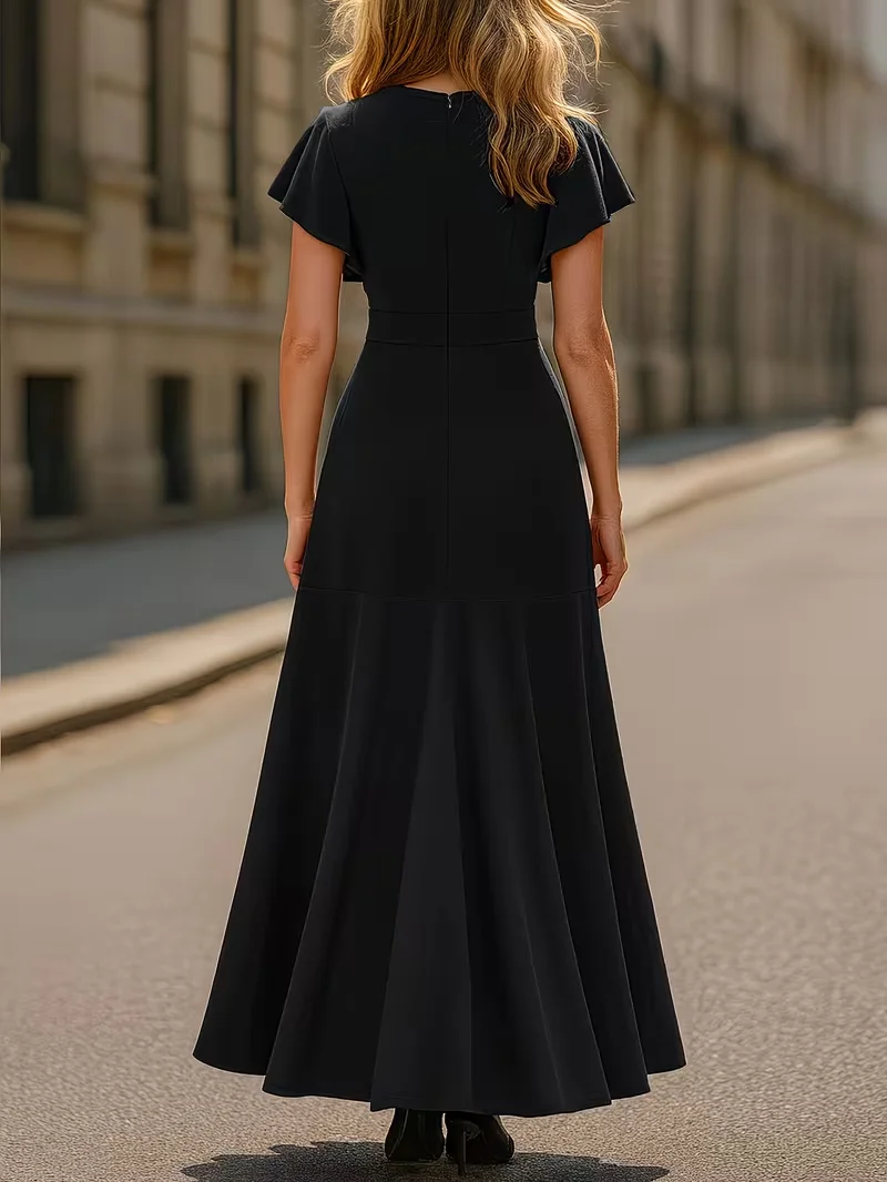Damen Sexy Tiefer V-Ausschnitt Lotusblatt-Ärmel Sommer Einfarbiges Cocktail-Party-Kleid mit Unregelmäßigem Rüschensaum – Detail 10