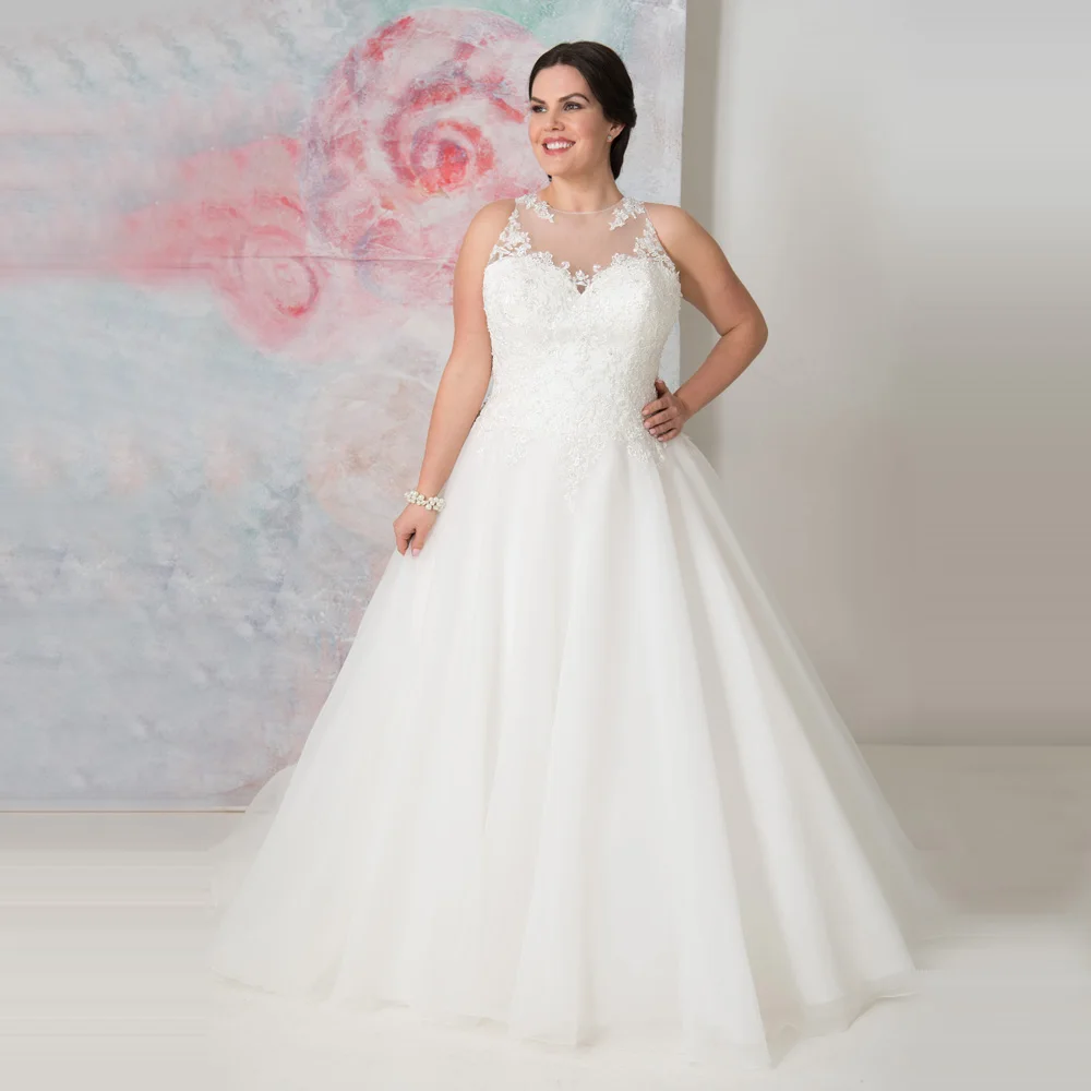 

Elegant O-neck Plus Size Wedding Dresses Custom Made See Through Organza Appliqued A-line Bridal Gown Robe de Mariee