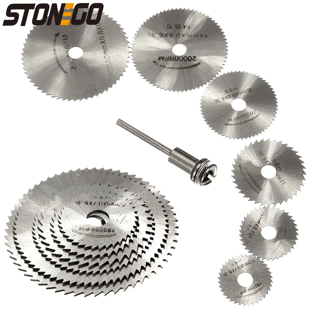 STONEGO 7 sztuk Mini zestaw brzeszczotów do pił tarczowych ze stali szybkotnącej 22mm-50mm z trzpieniem trzpienia 3.175mm/6.0mm do narzędzia obrotowego