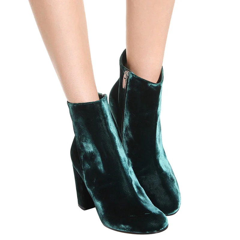 

Royal Blue Green Velvet Round Toe Block Heels Ankle Booties Autumn Square Heels Woman Short Boots Chunky High Heels Shoes