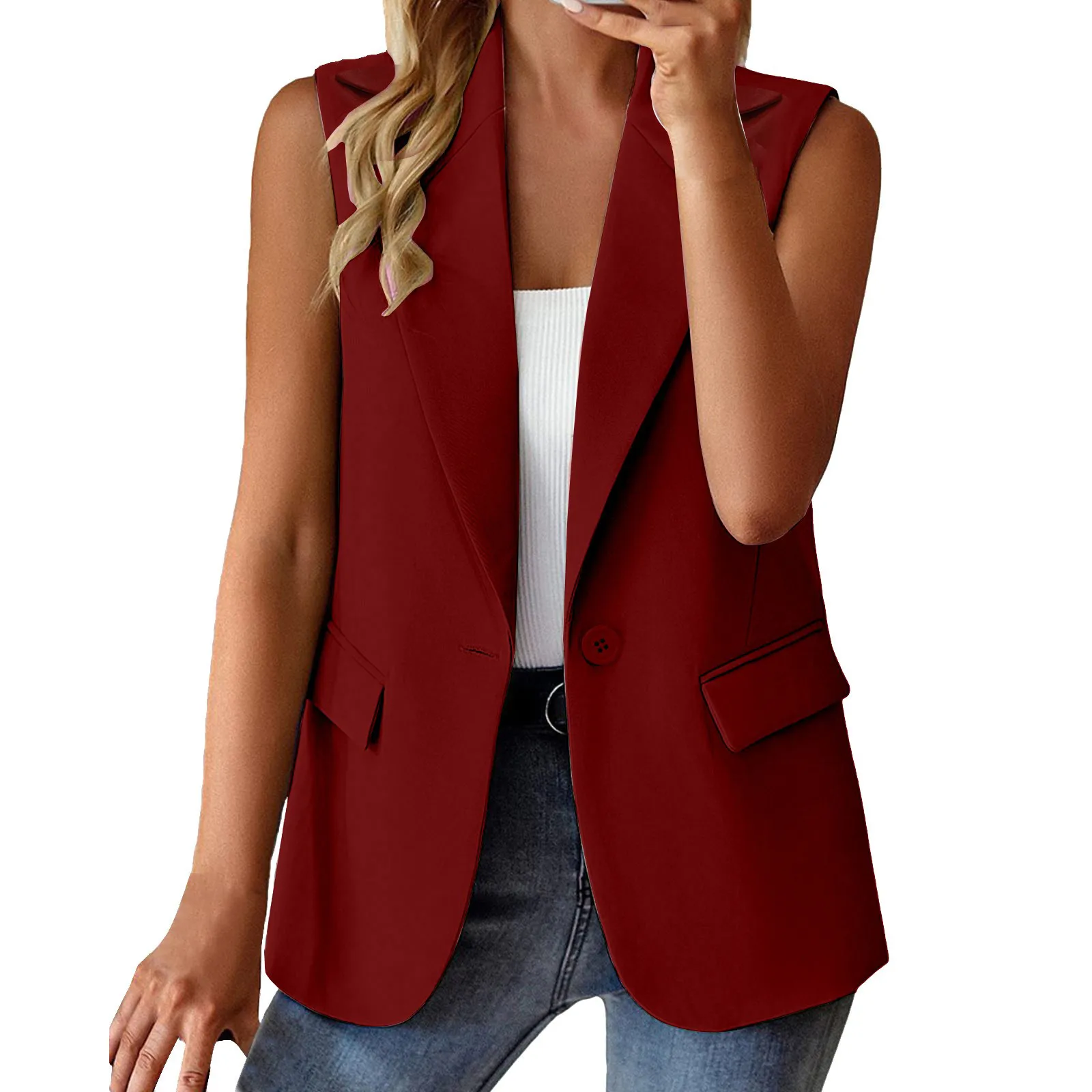 Women'S New Sleeveless Solid Color Vest Coat Lapel Loose Fashion Coat Spring And Autumn Simple Comfortable Thin Suit Jacket