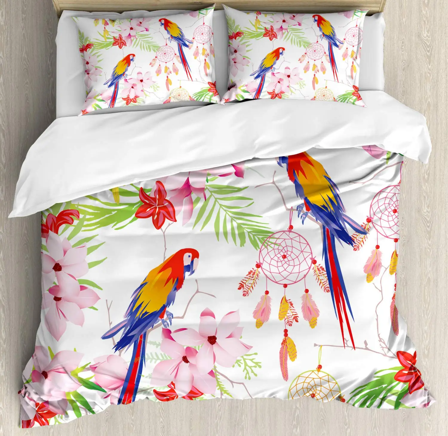 Macaws Duvet Cover Set Full Size, Colorful Parrots Bedding Set 3pcs for Boys Girls Room Decor, Quilt Cover with 2 Pillowcases