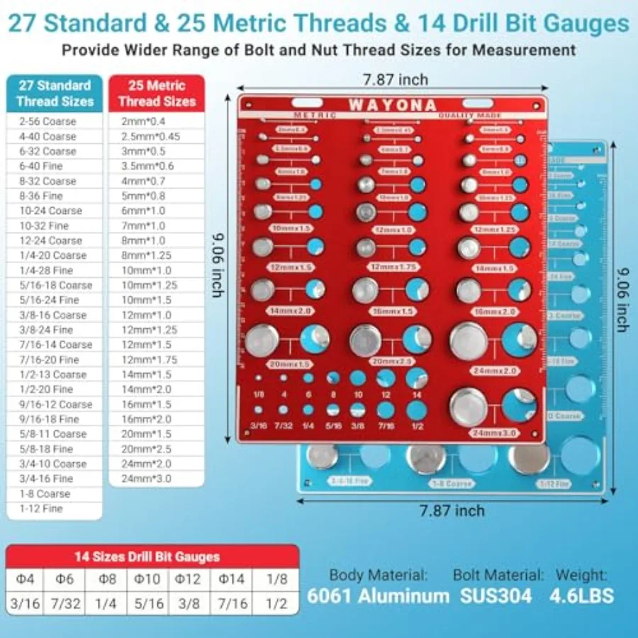 66 Nut and Bolt Thread Checker - 27 Standard and 25 Metric Bolt Thread Gauge and 14 Drill Bit Gauge, Nut and Bolt Size Finder T