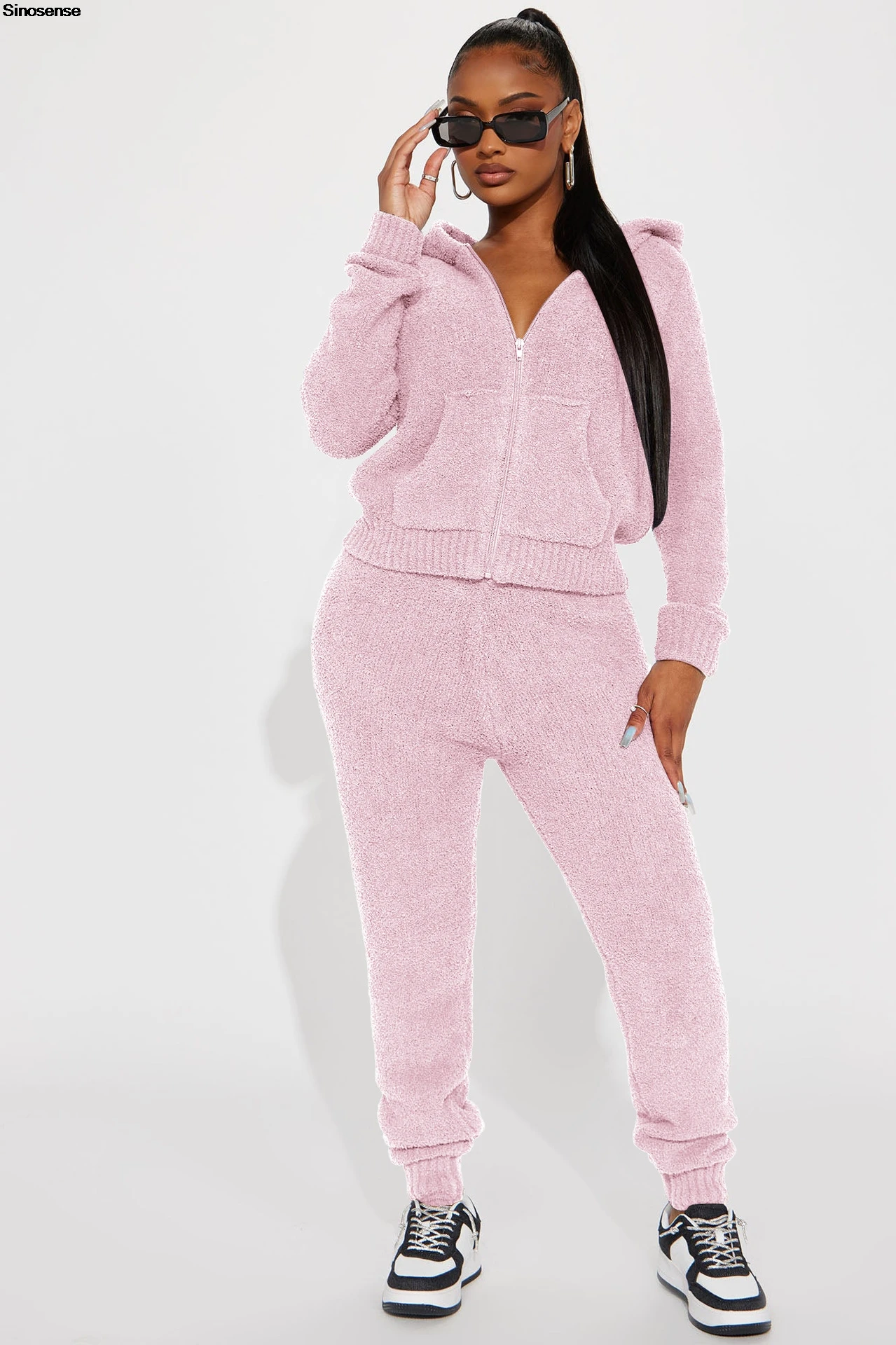 Womens Warm Fuzzy 2 Piece Outfits Zip Up Hooded Hoodie Jacket Jogger Pants Lounge Sets Fleece Pajama Sets Casual Tracksuits