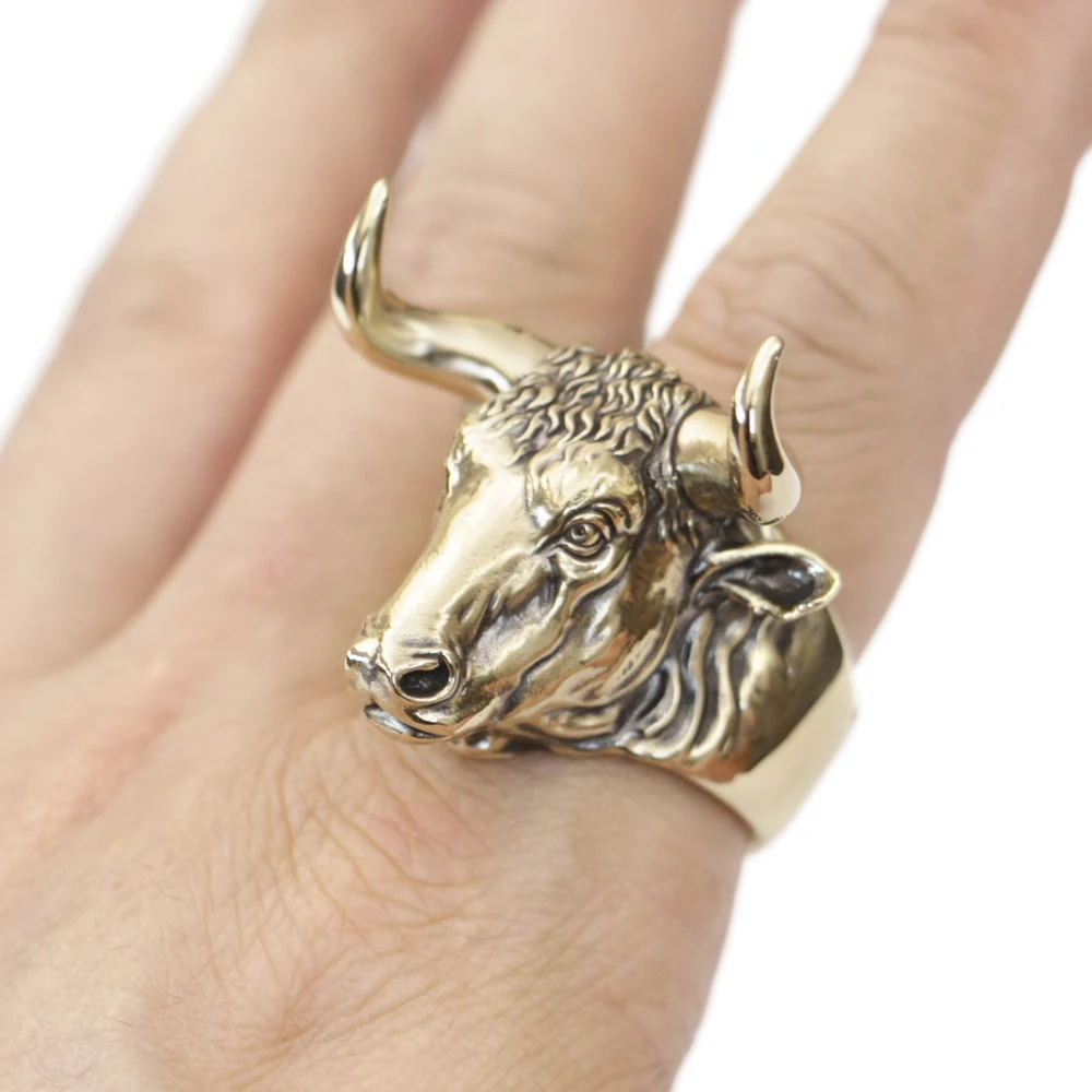 

Brass Huge Heavy Buffalo Ring Punk Wild ox Ring Biker Animal Jewelry BR394 Open US Size 8~15
