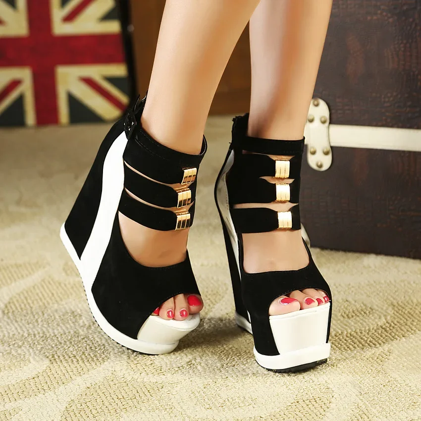 New Genuine Women Platform Sandals Wedges High heel 14cm Peep Toe Mixed Colors Sweet Woman Shoes Sexy Ladies Shoes