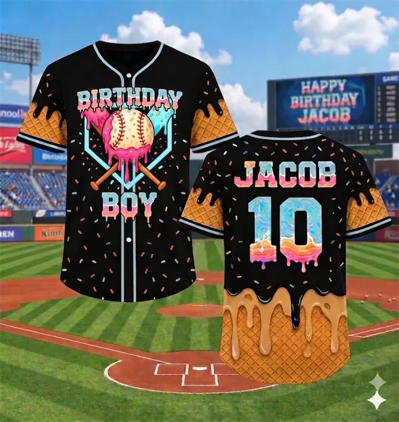 3D Print Ice Cream Custom Baseball Jersey Short Sleeve Personalized Name Number Shirt Softball Team Uniform Sports Fan Apparel