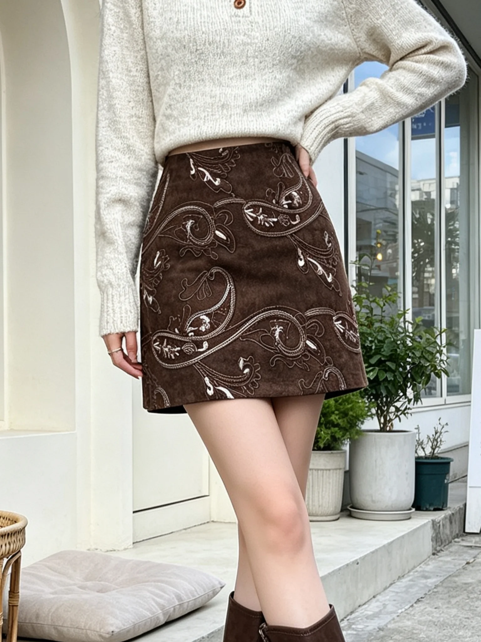 Leather Velvet Short Skirt Women's Embroidered Suede A-Line High Waist Anti-Light Short Pants Half Skirt Ladies' Fashion