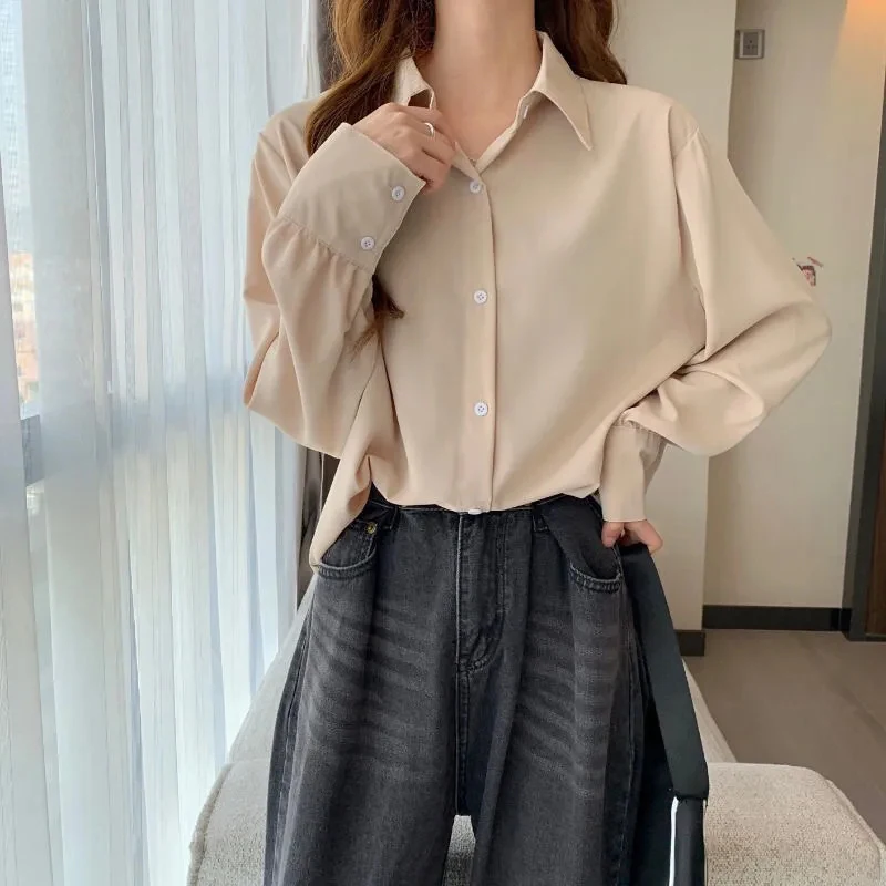 GIDYQ Women Chiffon White Shirt Korean Fashion Loose Long Sleeve Tops Casual Office Ladies All Match Shirts Spring New