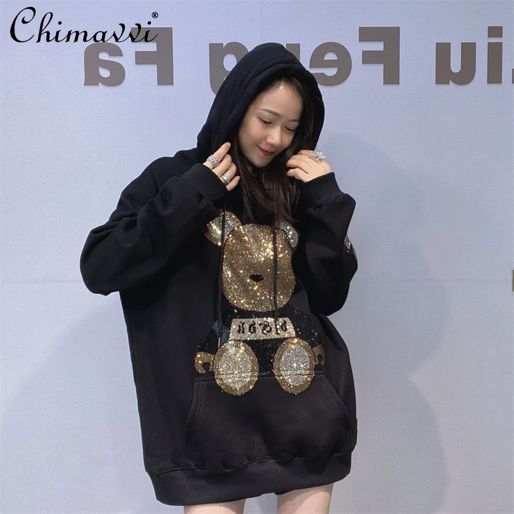 

Heavy Rhinestone Hooded Loose Sweatshirt Men and Women Fashion Fleece-lined Thickened Long-sleeve Sports Casual Loose Top Winter