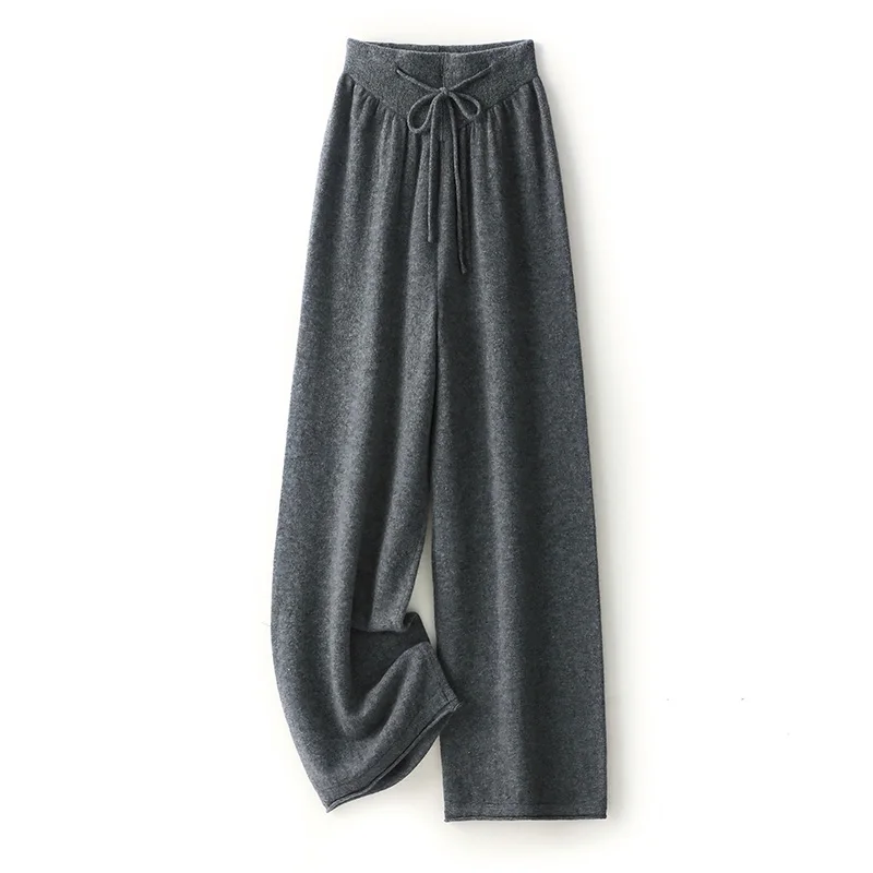 DjzDsm High-Waist Drawstring Elastic Waist 100% Merino Wool Knitted Pants Cuffed Leg Design Women's Comfortable Fit Trousers