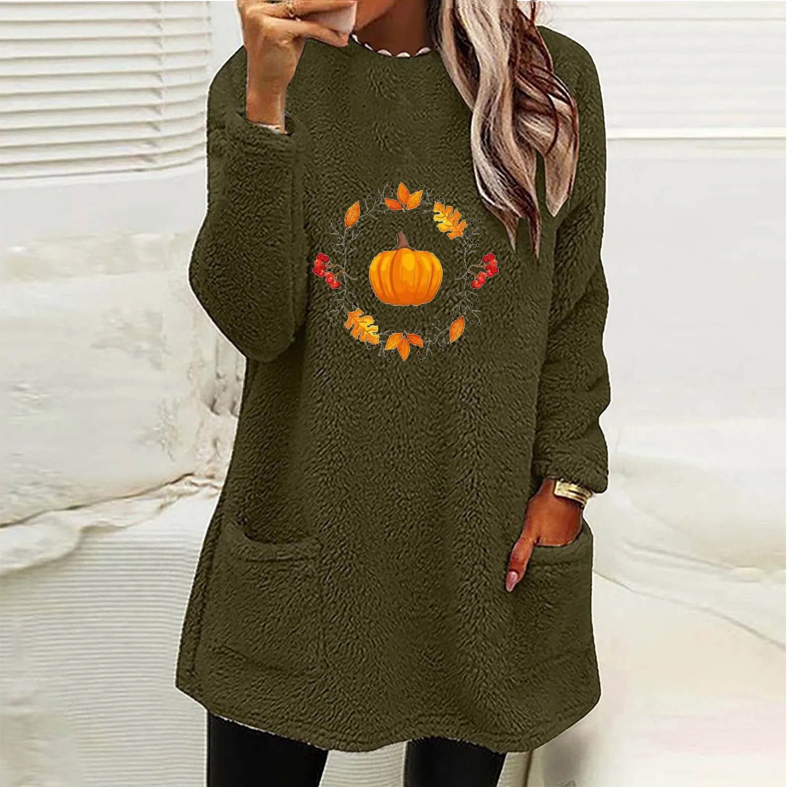 Women Casual Double Fuzzy Halloween Pumpkin Printed Sweatshirt Faux Bunny Zip up Ladies Fashion Sweaters Fall Sweat Shirts