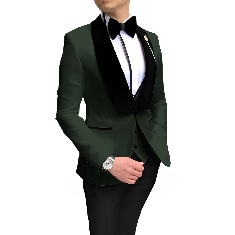 Elegant Men\'s 3-piece Suit Set Velvet Collar Design Formal Groom Tuxedo Wedding Outfit (Jacket Pants Vest)XS-5XL