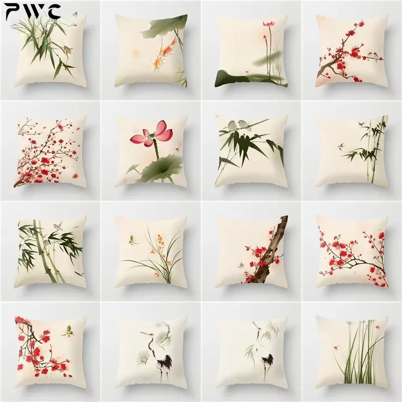 

Chinese Style Pillow Cover Lotus Cushion Cover Office Waist Support Blossom Pillowcase Bamboo Plum Pillow Case Home Decore Car