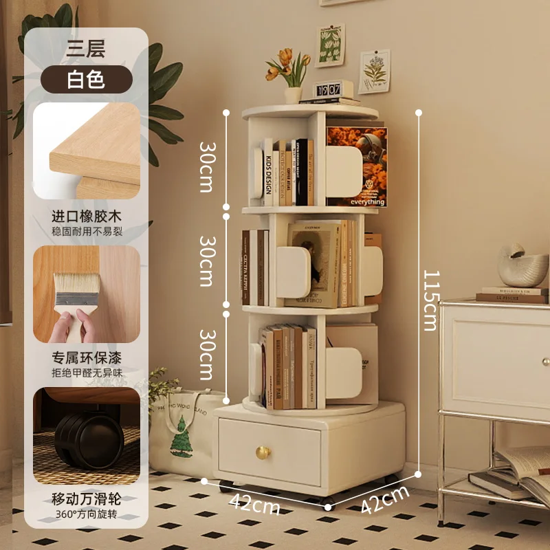 Factory Direct 2026 Medieval small apartment solid wood 360-degree rotating bookshelf mobile storage large-capacity shelf