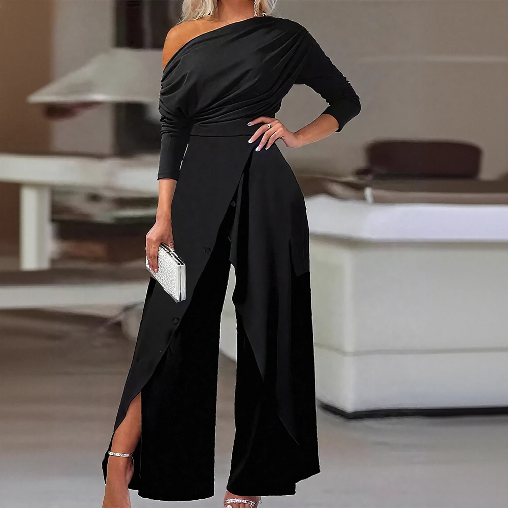 

Повседневный облегающий комбинезон с круглым вырезом, декоративный элемент, женский длинный брючный костюм, удобная стильная коллекция