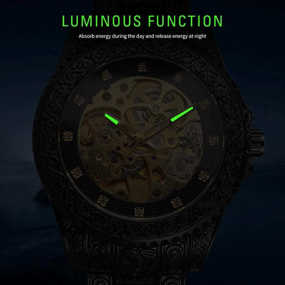 FORSINING ファッションレトロメンズスケルトン自動機械式時計ラインストーンクールブラックステンレス鋼ヴィンテージ彫刻時計