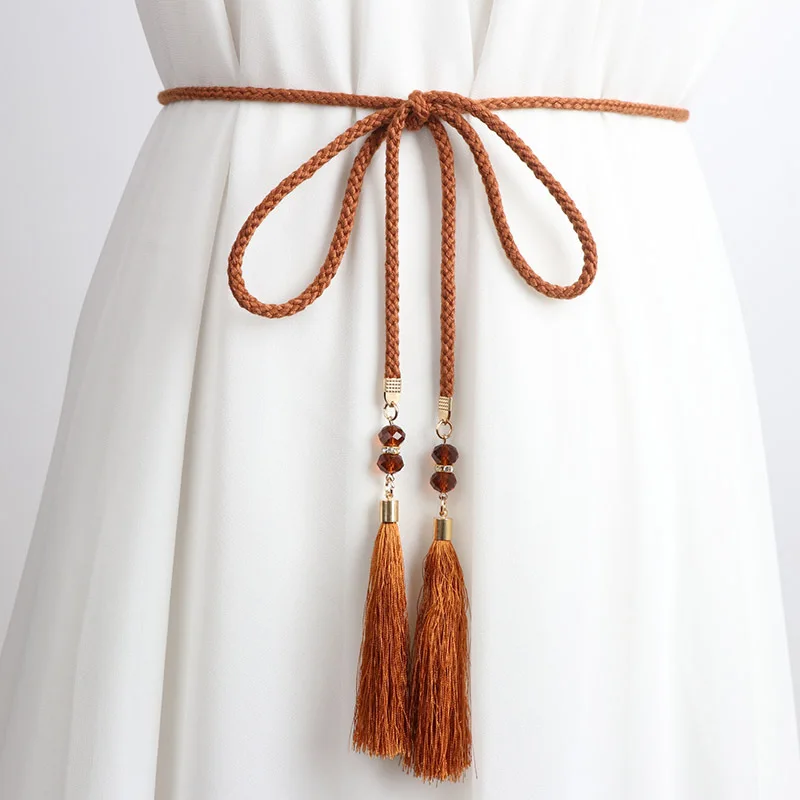 Weaving thin waist rope versatile decorative dress with extended bow tie rope Korean style Hanfu tassel waist chain