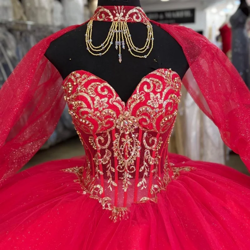 

Simple Red Quinceanera Dress off-shoulder Crystal golden Sequins Decal Long tail vestidos de 15 Quinceanera ﻿Customize