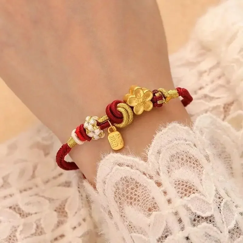 Copper Gold-plated Hand Rope Peach Blossom Transfer Bead Bracelet Simple Ancient Style Big Year Fu Jewelry Woven Red Rope